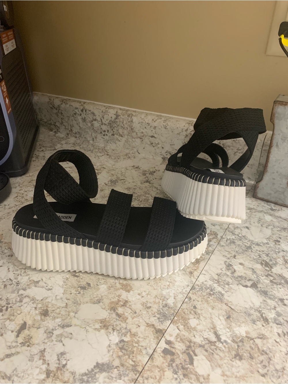 Steve Madden Black Elastic Strappy Platform Sandals with White Ribbed Sole